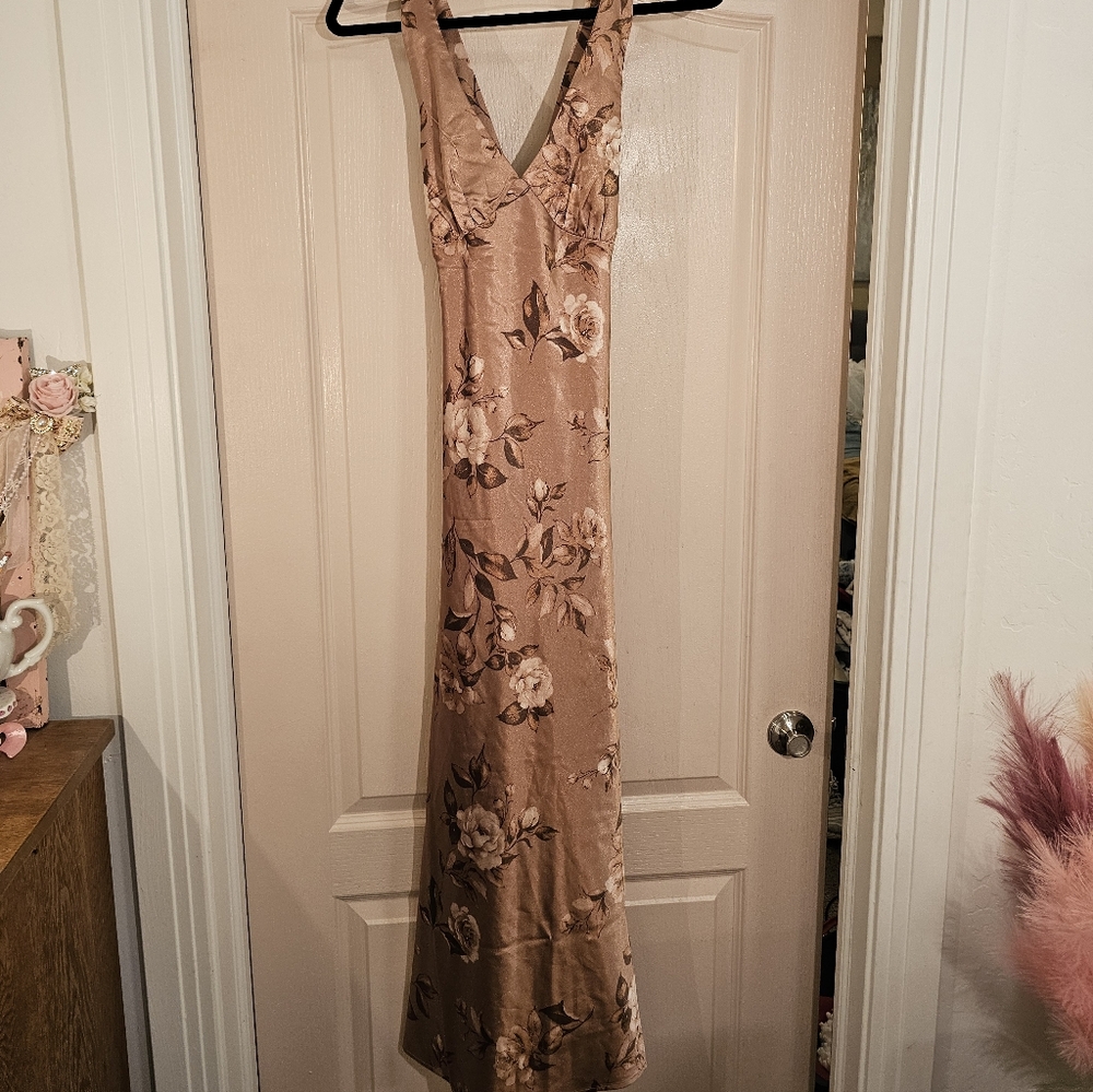 RowA Satin Floral Slip Dress Bronze Copper Midi Bias Cut Size S New